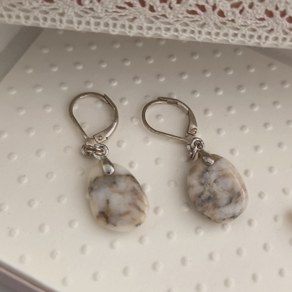 VINTAGE Sterling Silver Raw Stone Earrings Copper Dainty Artisan Marble Boho - Picture 3 of 12